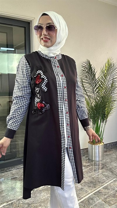 Pamuklu Kumaş Ve Pötikare Kumaş Kombinli Tunik -Siyah