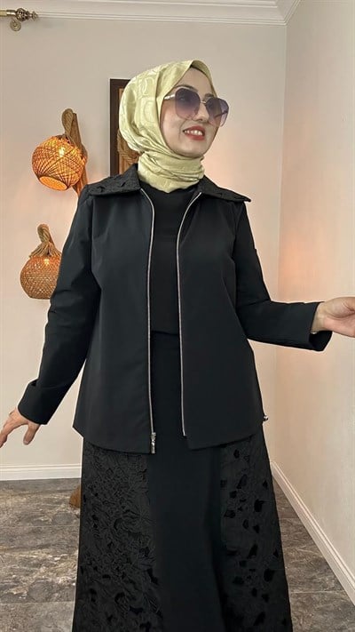 Turkuaz Kumaş Dantel Kumaş Kombinli Etekli Takım -Siyah