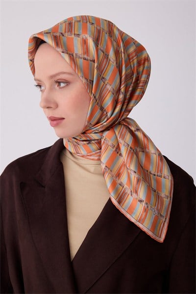 Kiremit Geometrik Desen %100 Twill İpek Eşarp 4302-81