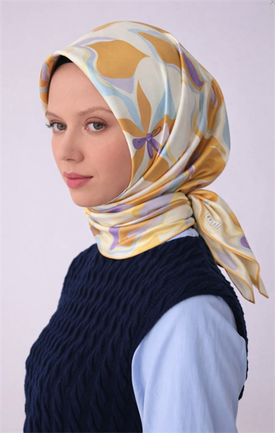 Tivil Saf İpek Eşarp IST 4318 - 83 Sarı Soyut Çizgi Desen