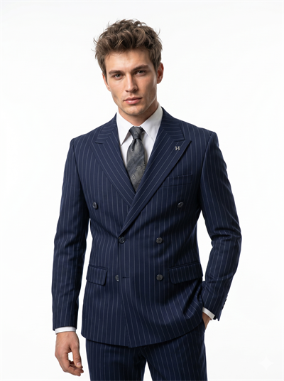 Sartorial | Derin Lacivert Çizgili Kruvaze Takım Elbise