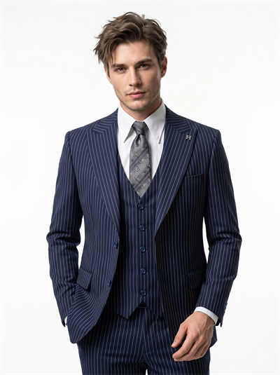 Sartorial | Gece Mavisi Çizgili Yelekli Takım Elbise 