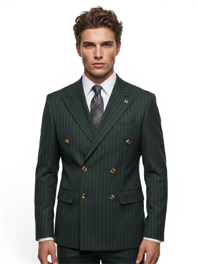Sartorial | Zümrüt Yeşil Çizgili Kruvaze Takım Elbise