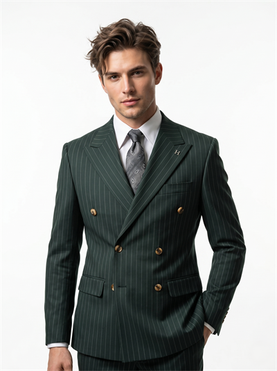 Sartorial | Zümrüt Yeşili Çizgili Kruvaze Takım Elbise