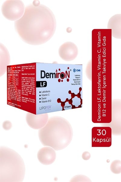 Demiron LF, Laktoferrin, Vitamin C, Vitamin B12 ve Demir İçeren Takviye Edici Gıda - 30 Kapsül