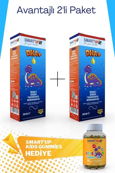 Smart'up DHA+ Omega 3 Sitikolin Fosfatidilserin B12 Şurup 2'li Paket + 60 Adet Kids Gummies Hediye
