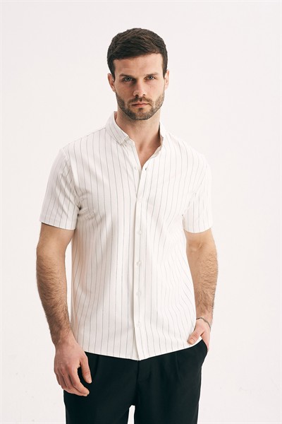Erkek Dikey Çizgili Jakarlı Slim Fit Kısa Kollu Gömlek