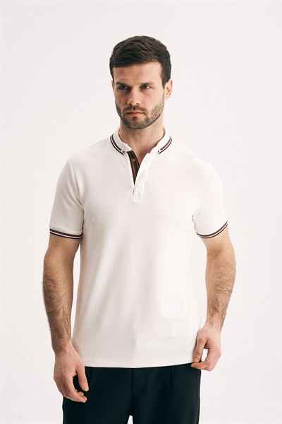 Erkek Slim Fit Dokulu Tişört- Yaka ve Kol Çizgi Detaylı Premium Polo