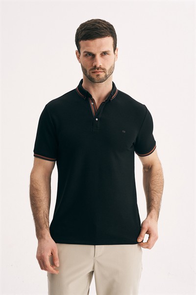 Erkek Slim Fit Dokulu Tişört- Yaka ve Kol Çizgi Detaylı Premium Polo