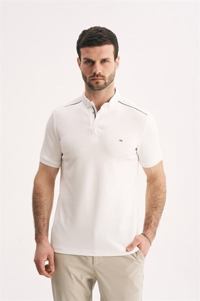Erkek Slim Fit Polo Yaka Tişört - Omuz ve Yaka Çizgi Detaylı Dokulu Polo