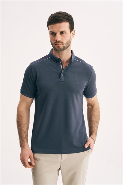 Erkek Slim Fit Polo Yaka Tişört - Omuz ve Yaka Çizgi Detaylı Dokulu Polo