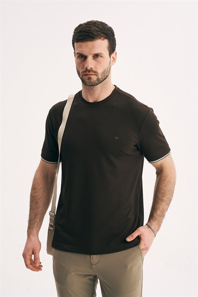 Erkek Bisiklet Yaka Kolu Çizgili Premium Pamuklu Slim Fit Tişört