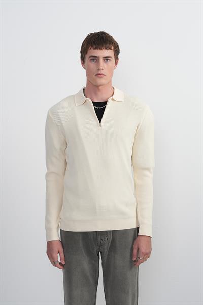 Erkek Basic Uzun Kollu Krem Triko Polo Yaka Tişört