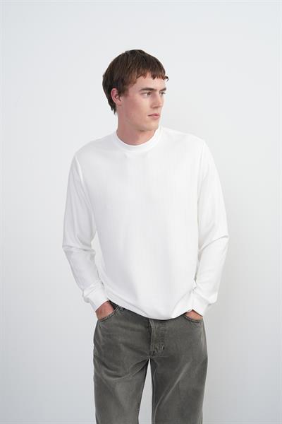 Erkek Bisiklet Yaka Çizgili Kumaş Beyaz Sweatshirt
