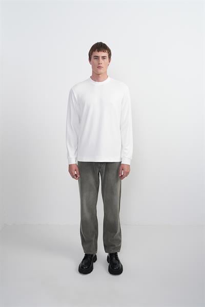 Erkek Bisiklet Yaka Çizgili Kumaş Beyaz Sweatshirt