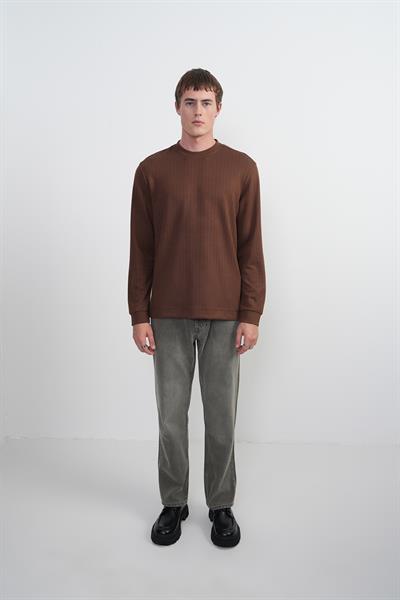 Erkek Bisiklet Yaka Çizgili Kumaş Kahve Sweatshirt
