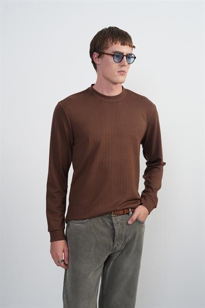 Erkek Bisiklet Yaka Çizgili Kumaş Kahve Sweatshirt