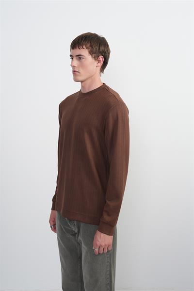 Erkek Bisiklet Yaka Çizgili Kumaş Kahve Sweatshirt