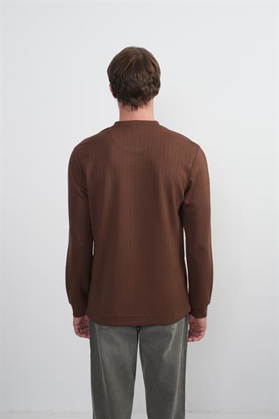 Erkek Bisiklet Yaka Çizgili Kumaş Kahve Sweatshirt