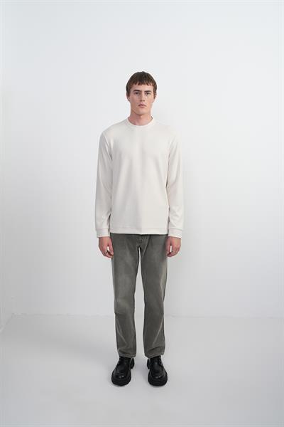 Erkek Bisiklet Yaka Çizgili Kumaş Krem Sweatshirt