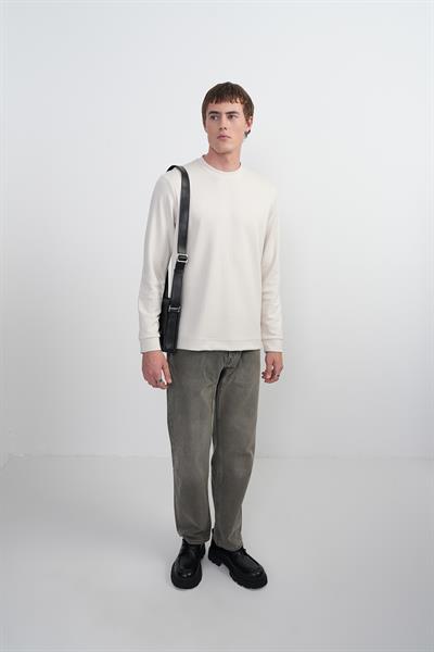 Erkek Bisiklet Yaka Çizgili Kumaş Krem Sweatshirt