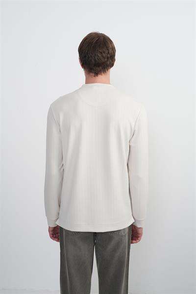 Erkek Bisiklet Yaka Çizgili Kumaş Krem Sweatshirt