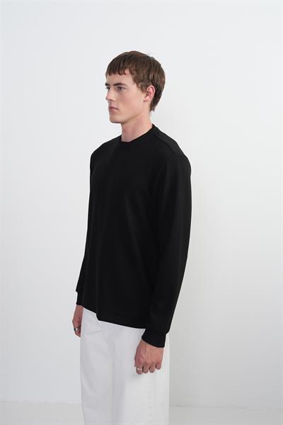 Erkek Bisiklet Yaka Çizgili Kumaş Siyah Sweatshirt