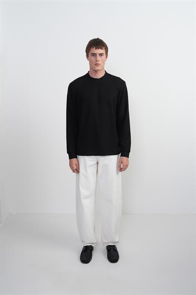 Erkek Bisiklet Yaka Çizgili Kumaş Siyah Sweatshirt