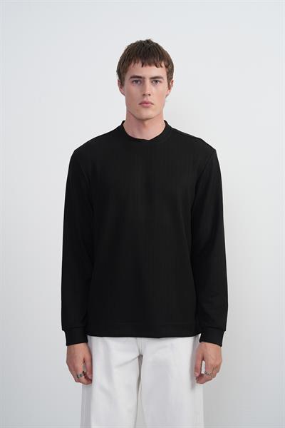 Erkek Bisiklet Yaka Çizgili Kumaş Siyah Sweatshirt