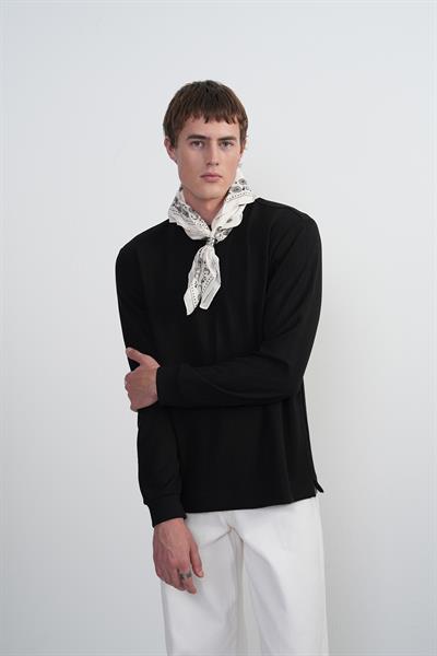 Erkek Bisiklet Yaka Çizgili Kumaş Siyah Sweatshirt