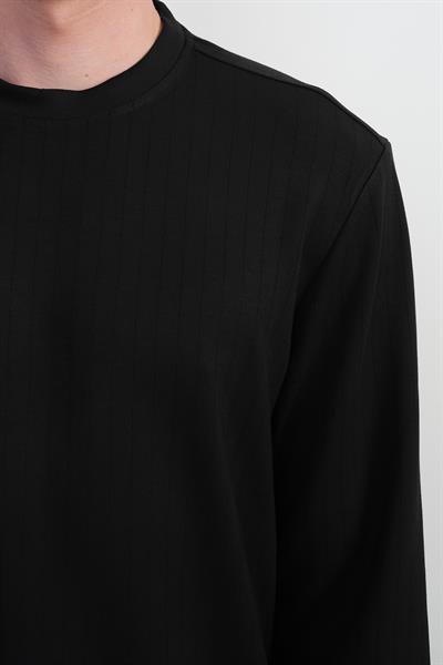 Erkek Bisiklet Yaka Çizgili Kumaş Siyah Sweatshirt