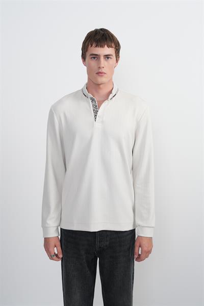 Erkek Çıtçıtlı Uzun Kollu Krem Polo Yaka Tişört
