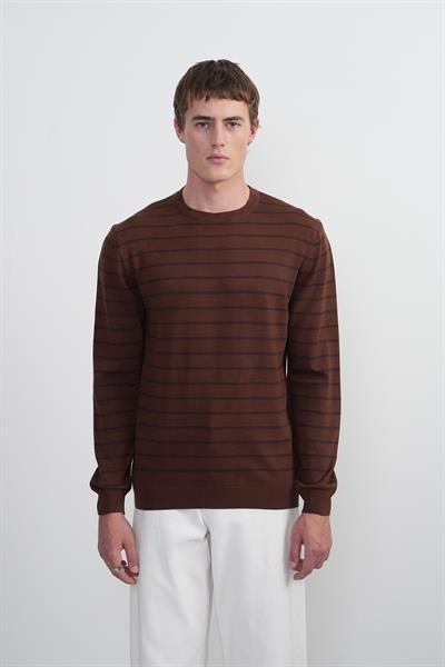 Erkek Çizgili Bisiklet Yaka Salaş Kahve Sweatshirt