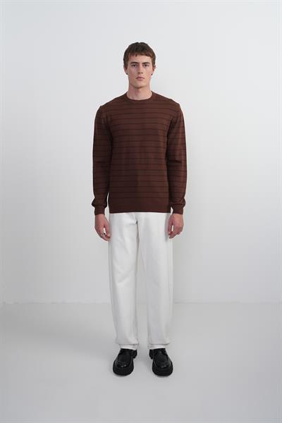 Erkek Çizgili Bisiklet Yaka Salaş Kahve Sweatshirt