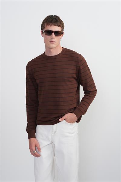 Erkek Çizgili Bisiklet Yaka Salaş Kahve Sweatshirt