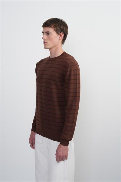 Erkek Çizgili Bisiklet Yaka Salaş Kahve Sweatshirt