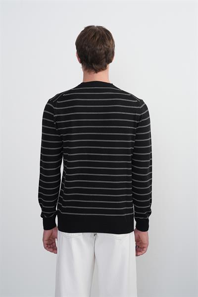 Erkek Çizgili Bisiklet Yaka Salaş Siyah Sweatshirt