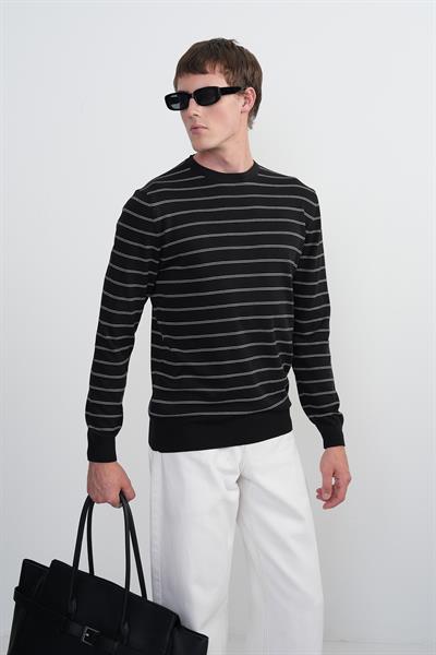 Erkek Çizgili Bisiklet Yaka Salaş Siyah Sweatshirt