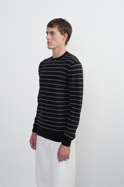 Erkek Çizgili Bisiklet Yaka Salaş Siyah Sweatshirt