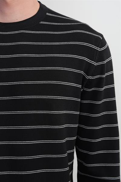 Erkek Çizgili Bisiklet Yaka Salaş Siyah Sweatshirt