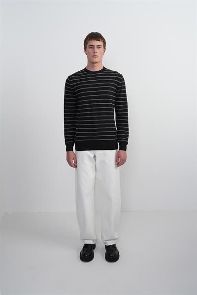 Erkek Çizgili Bisiklet Yaka Salaş Siyah Sweatshirt