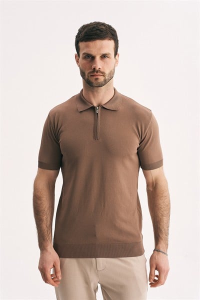 Erkek Fermuarlı Polo Yaka Triko Tişört - Slim Fit Yarım Fermuar Örme Polo