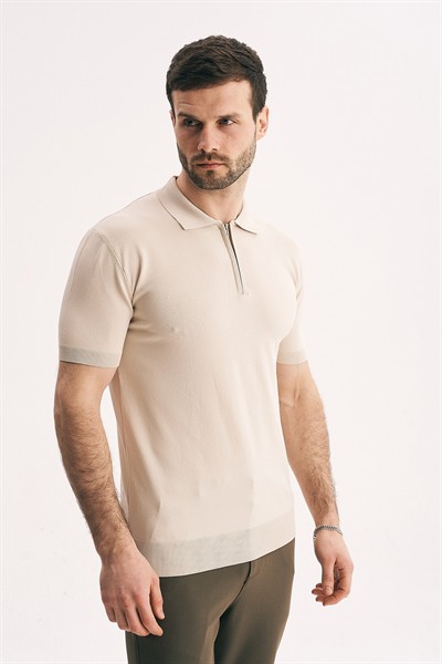 Erkek Fermuarlı Polo Yaka Triko Tişört - Slim Fit Yarım Fermuar Örme Polo