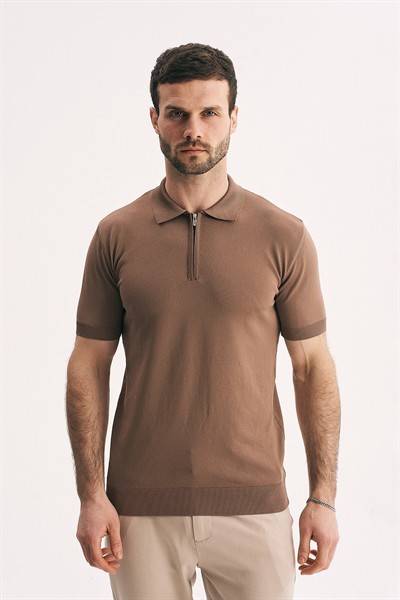 Erkek Fermuarlı Polo Yaka Triko Tişört - Slim Fit Yarım Fermuar Örme Polo