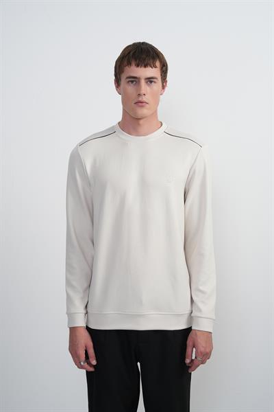 Erkek Omuz Çizgili Bisiklet Yaka Krem Sweatshirt