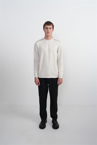 Erkek Omuz Çizgili Bisiklet Yaka Krem Sweatshirt