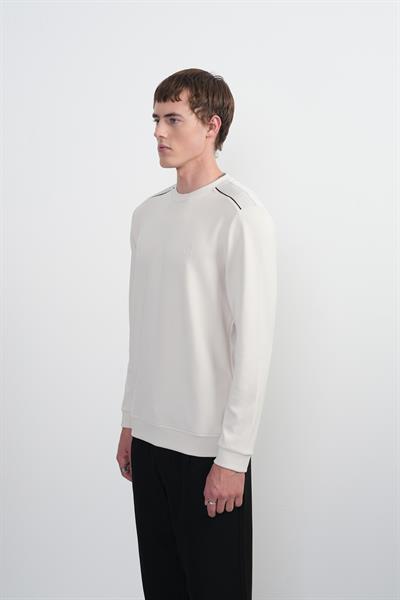 Erkek Omuz Çizgili Bisiklet Yaka Krem Sweatshirt