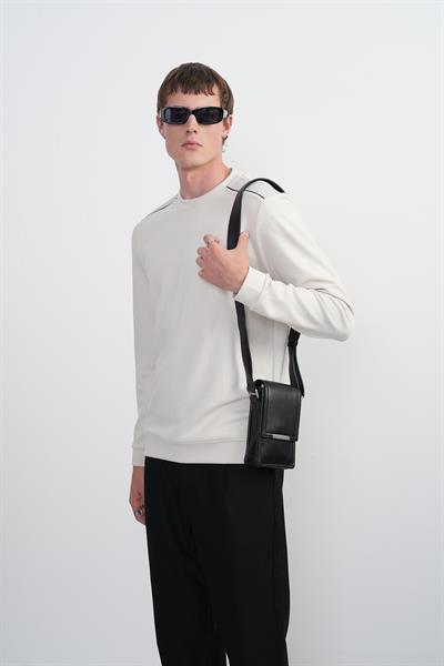 Erkek Omuz Çizgili Bisiklet Yaka Krem Sweatshirt