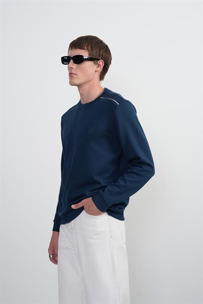 Erkek Omuz Çizgili Bisiklet Yaka Lacivert Sweatshirt