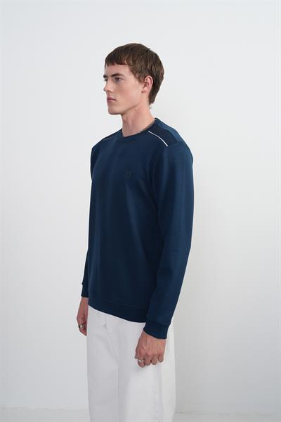 Erkek Omuz Çizgili Bisiklet Yaka Lacivert Sweatshirt